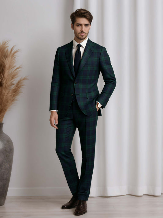 Contemporary Notch Lapel Men's 3 Pieces Blue Plaid Business Suit