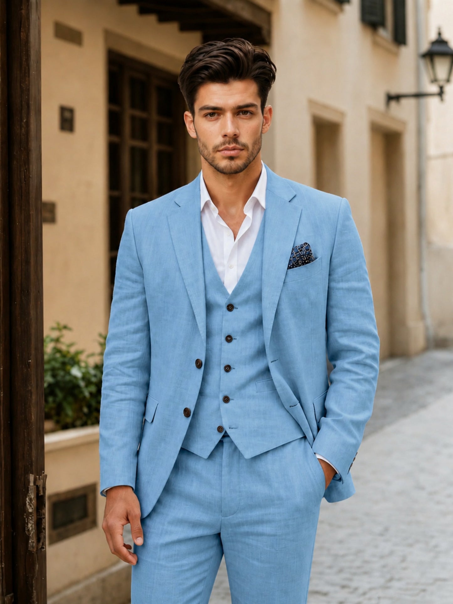 Versatile Notch Lapel Double Breasted Men's Linen 3 Piece Suits For Summer