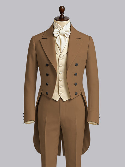 Classic Double Breasted Notch Lapel Tailcoat Men's Suit Jacket For Dinner, Brown Classic Double Breasted Notch Lapel Tailcoat Men's Suit Jacket For Dinner, Brown