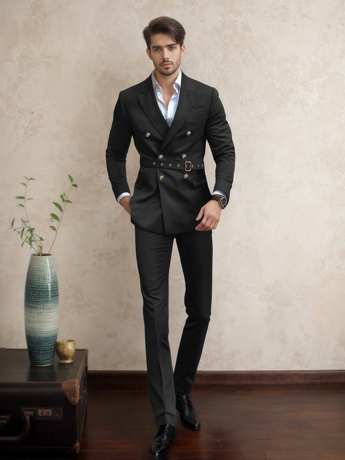 Comfort Belted Peak Lapel Men's 2 Pieces Double Breasted Business Suits