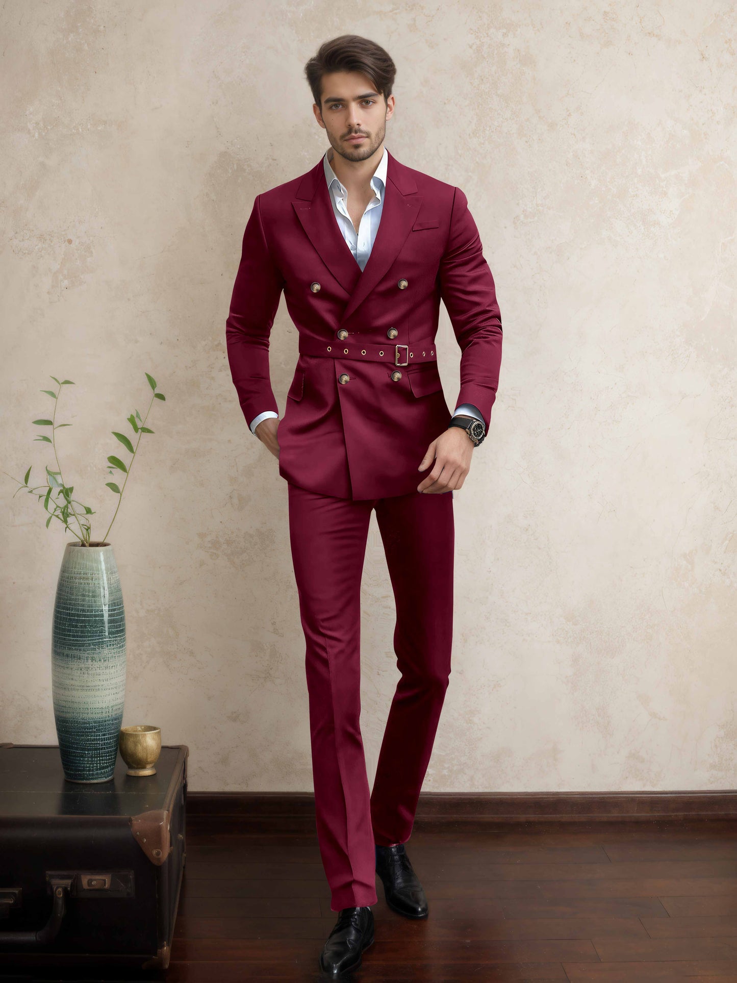 Comfort Belted Peak Lapel Men's 2 Pieces Double Breasted Business Suits