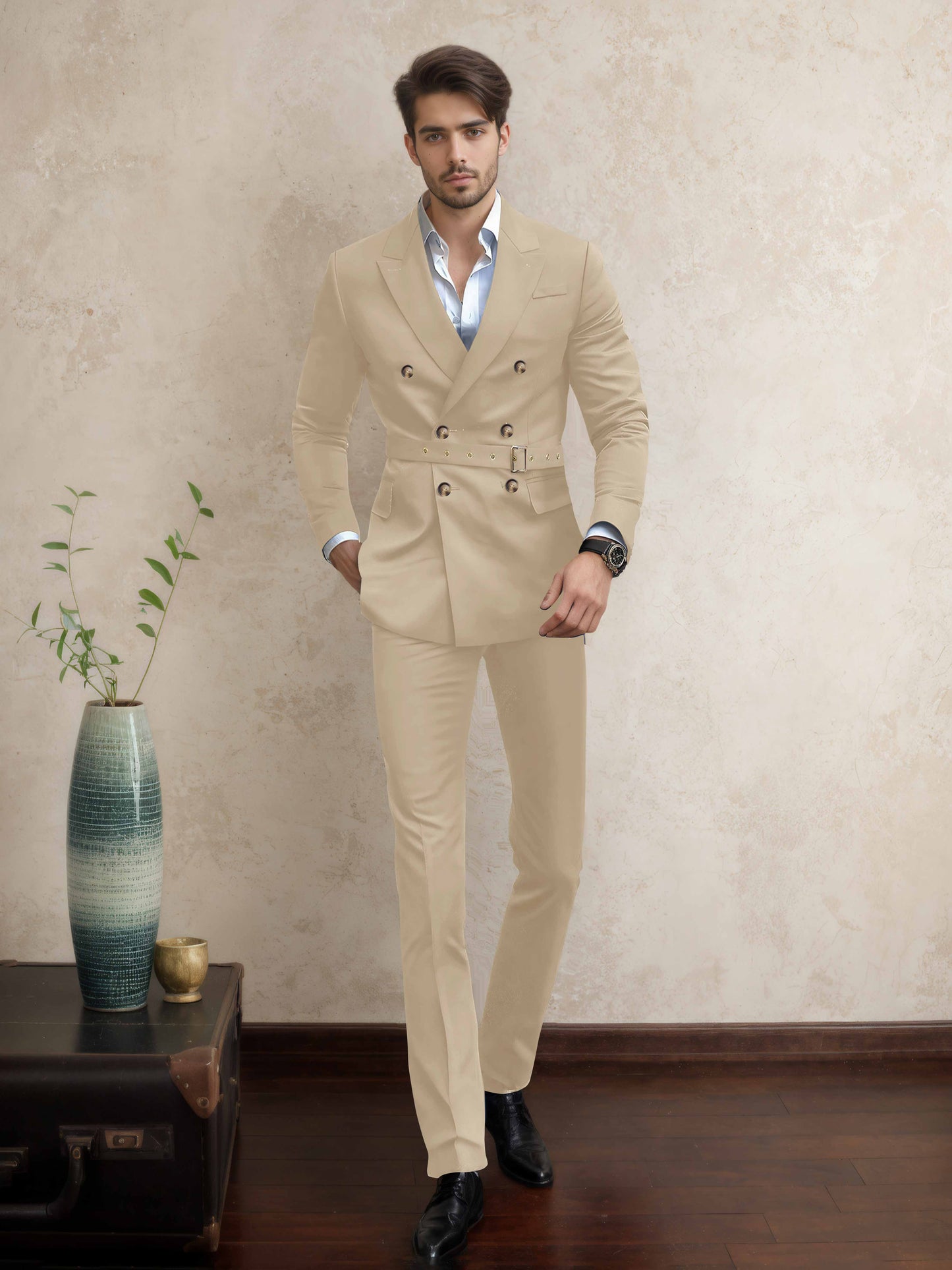 Comfort Belted Peak Lapel Men's 2 Pieces Double Breasted Business Suits