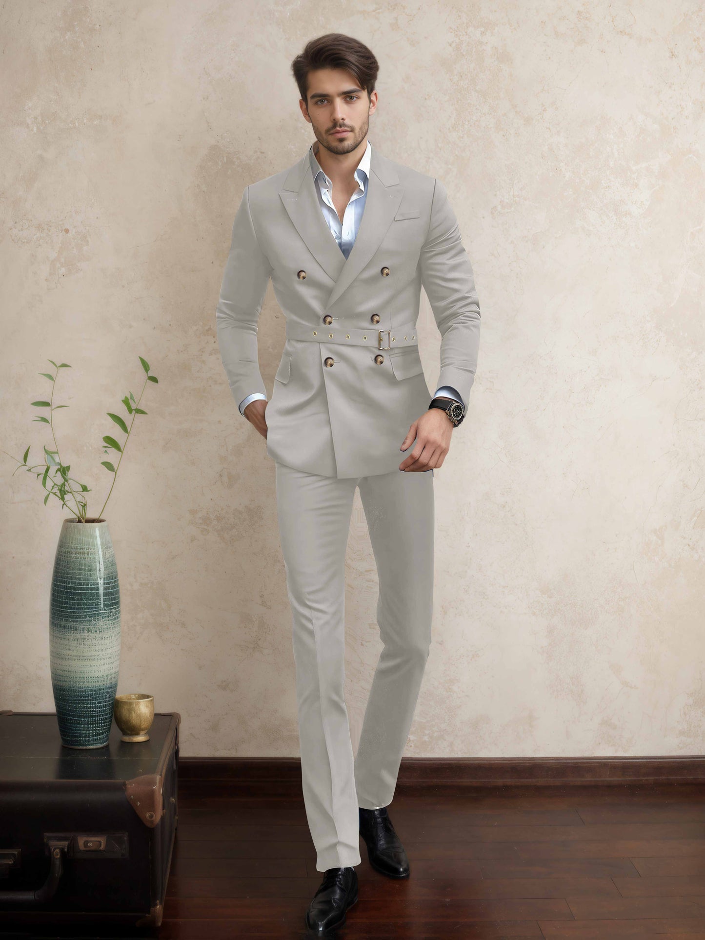 Comfort Belted Peak Lapel Men's 2 Pieces Double Breasted Business Suits