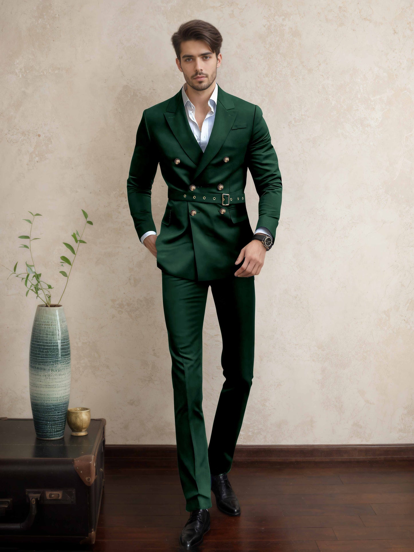 Comfort Belted Peak Lapel Men's 2 Pieces Double Breasted Business Suits
