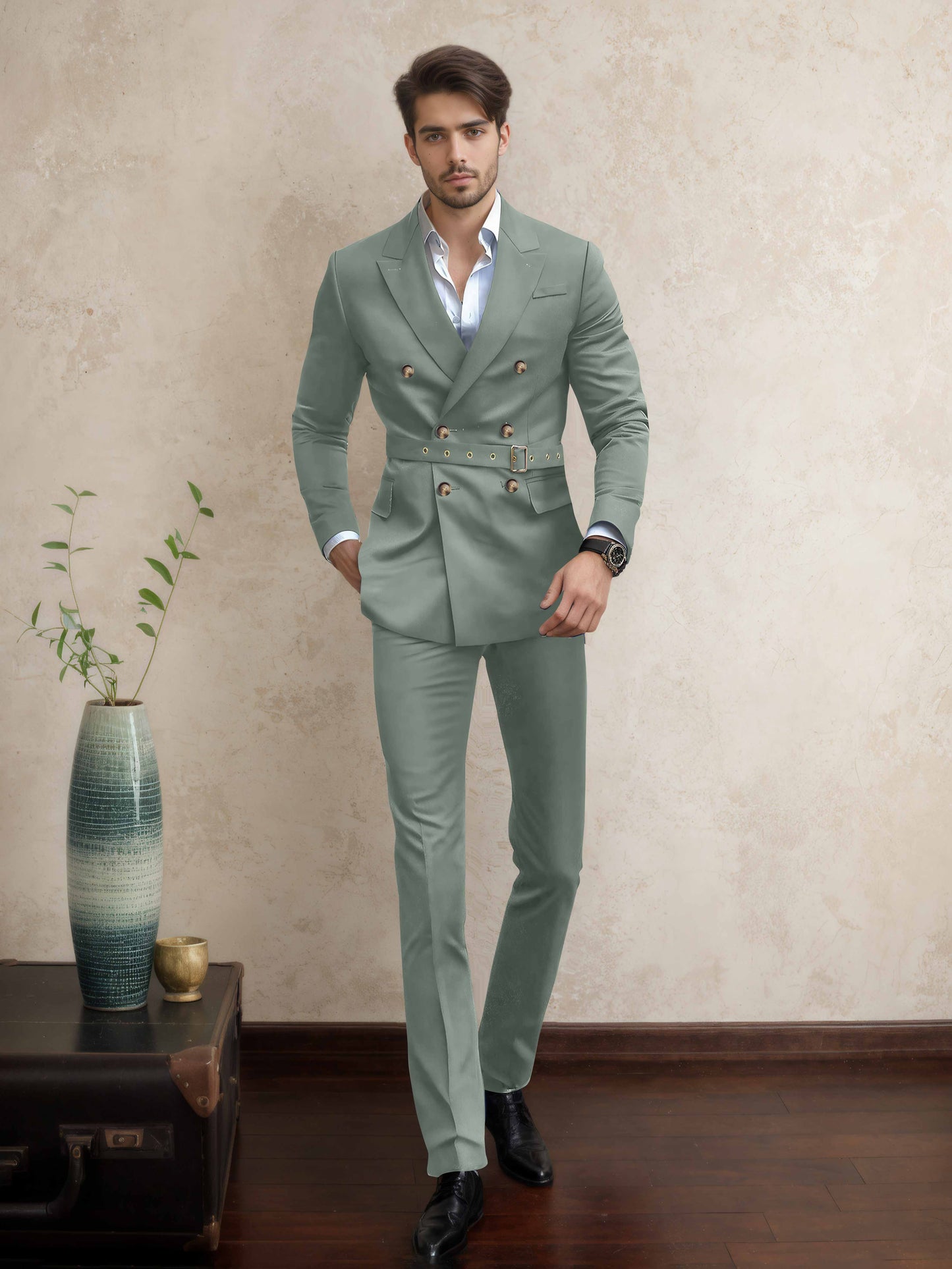 Comfort Belted Peak Lapel Men's 2 Pieces Double Breasted Business Suits