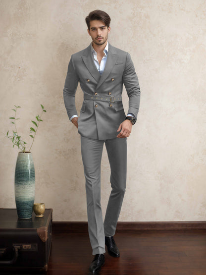 Comfort Belted Peak Lapel Men's 2 Pieces Double Breasted Business Suits