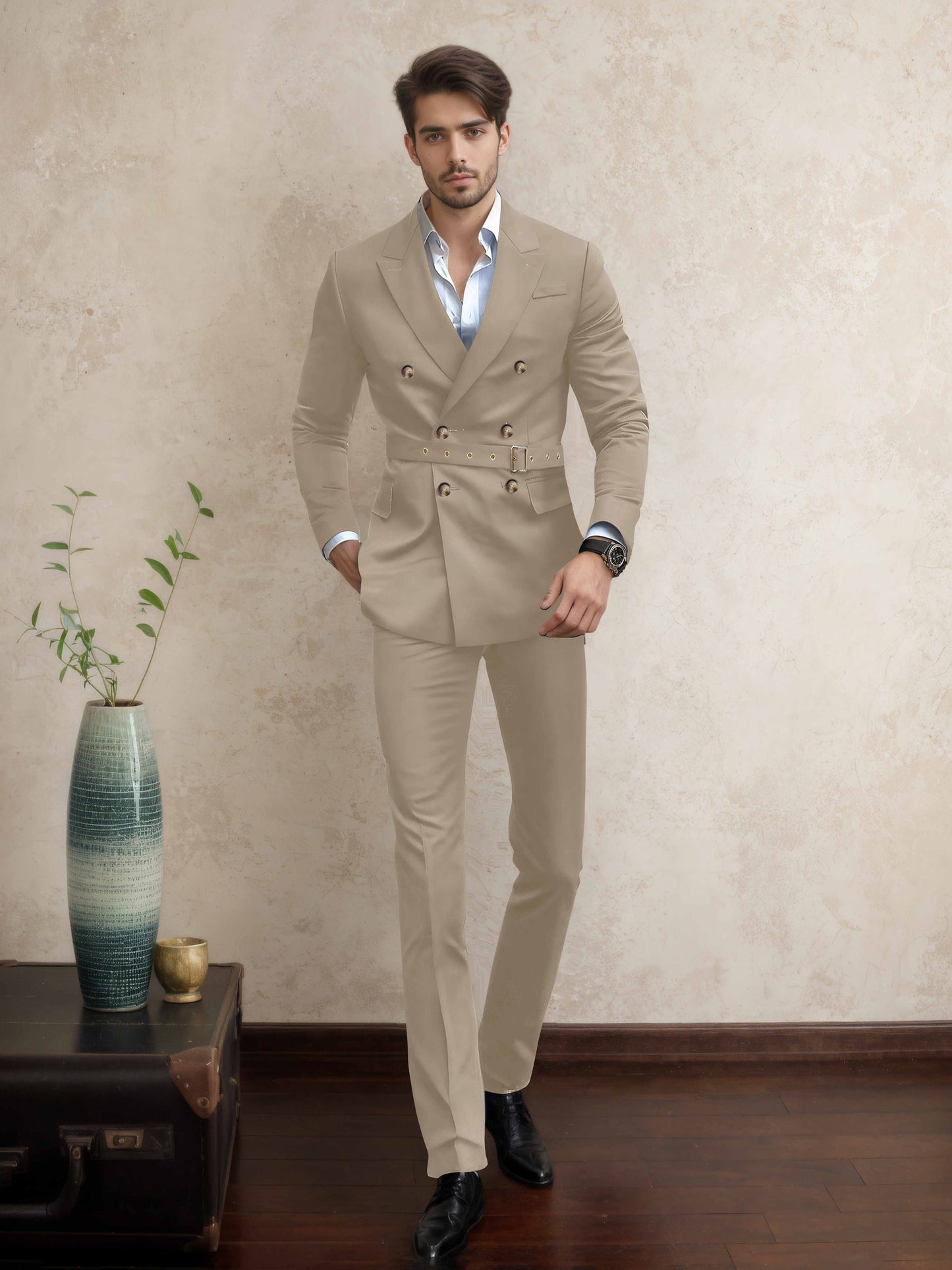 Comfort Belted Peak Lapel Men's 2 Pieces Double Breasted Business Suits