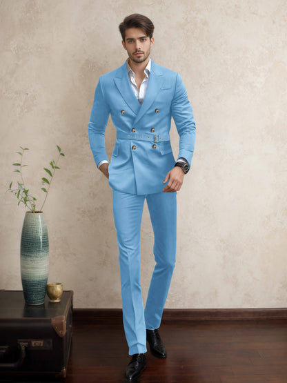 Comfort Belted Peak Lapel Men's 2 Pieces Double Breasted Business Suits