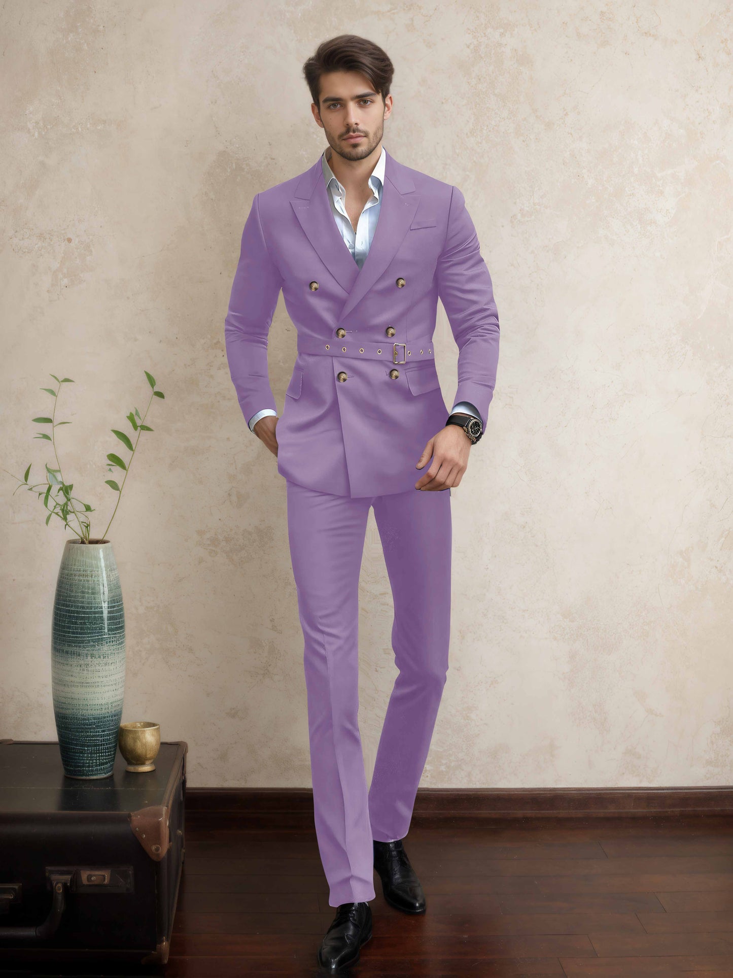 Comfort Belted Peak Lapel Men's 2 Pieces Double Breasted Business Suits