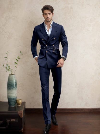 Comfort Belted Peak Lapel Men's 2 Pieces Double Breasted Business Suits