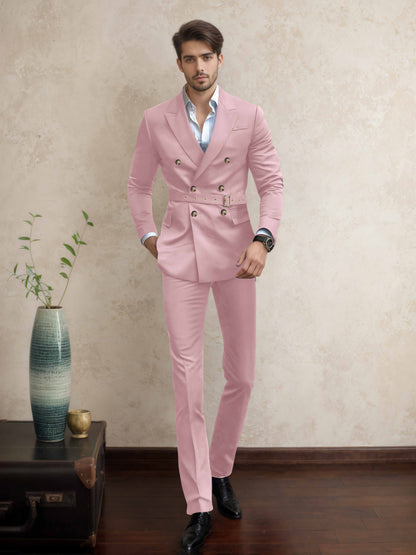 Comfort Belted Peak Lapel Men's 2 Pieces Double Breasted Business Suits