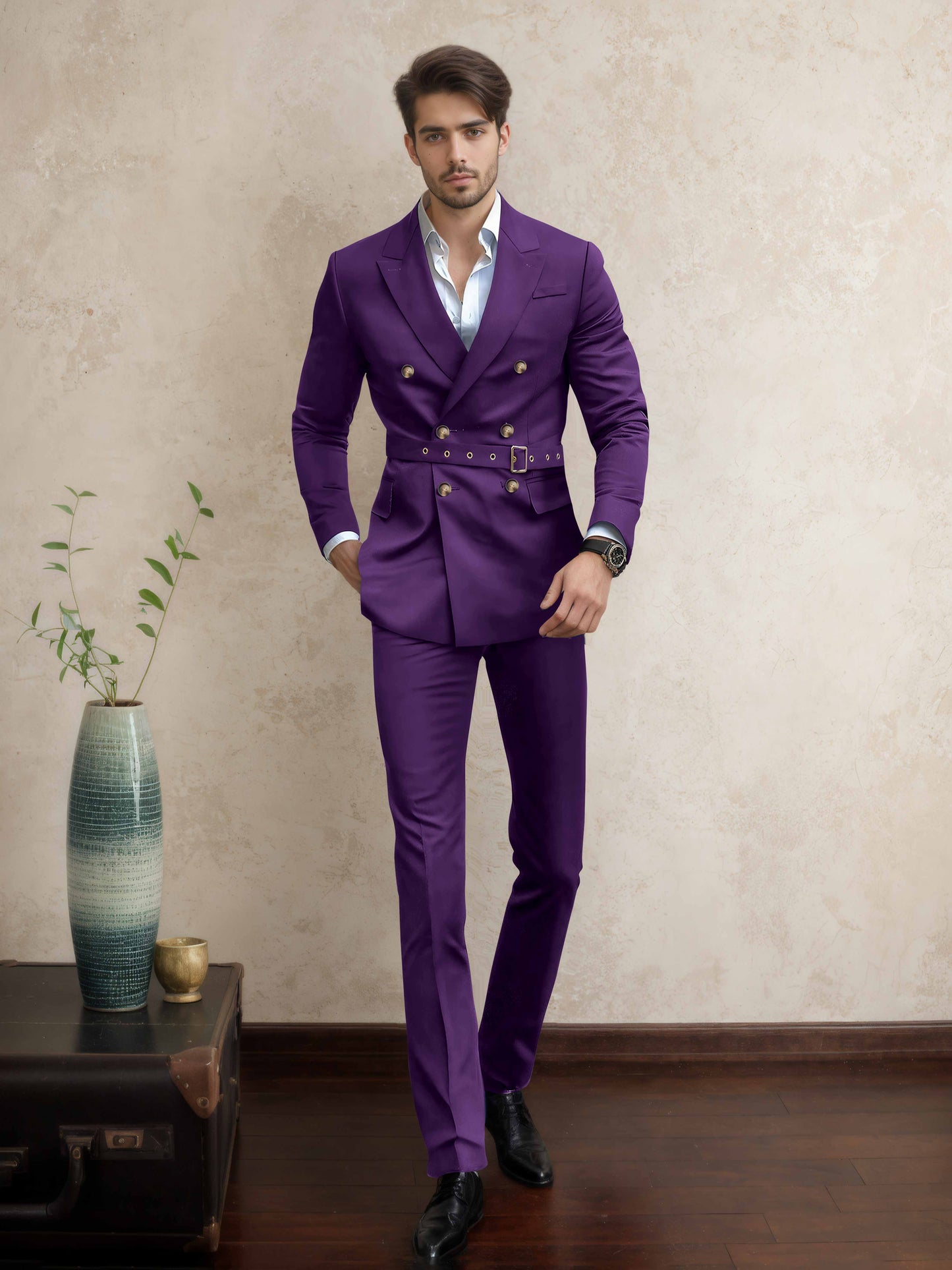Comfort Belted Peak Lapel Men's 2 Pieces Double Breasted Business Suits