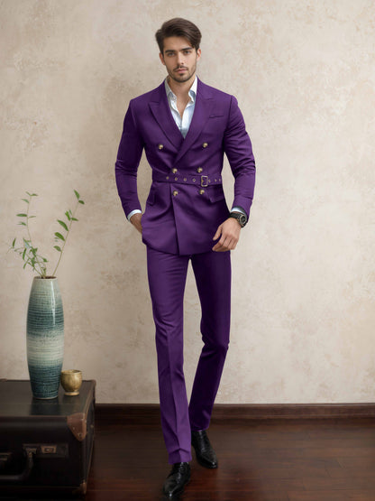 Comfort Belted Peak Lapel Men's 2 Pieces Double Breasted Business Suits