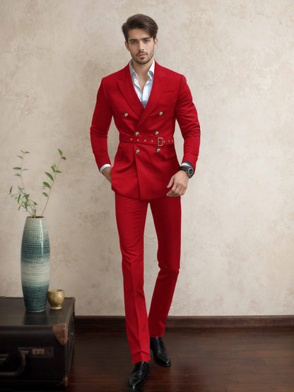 Comfort Belted Peak Lapel Men's 2 Pieces Double Breasted Business Suits