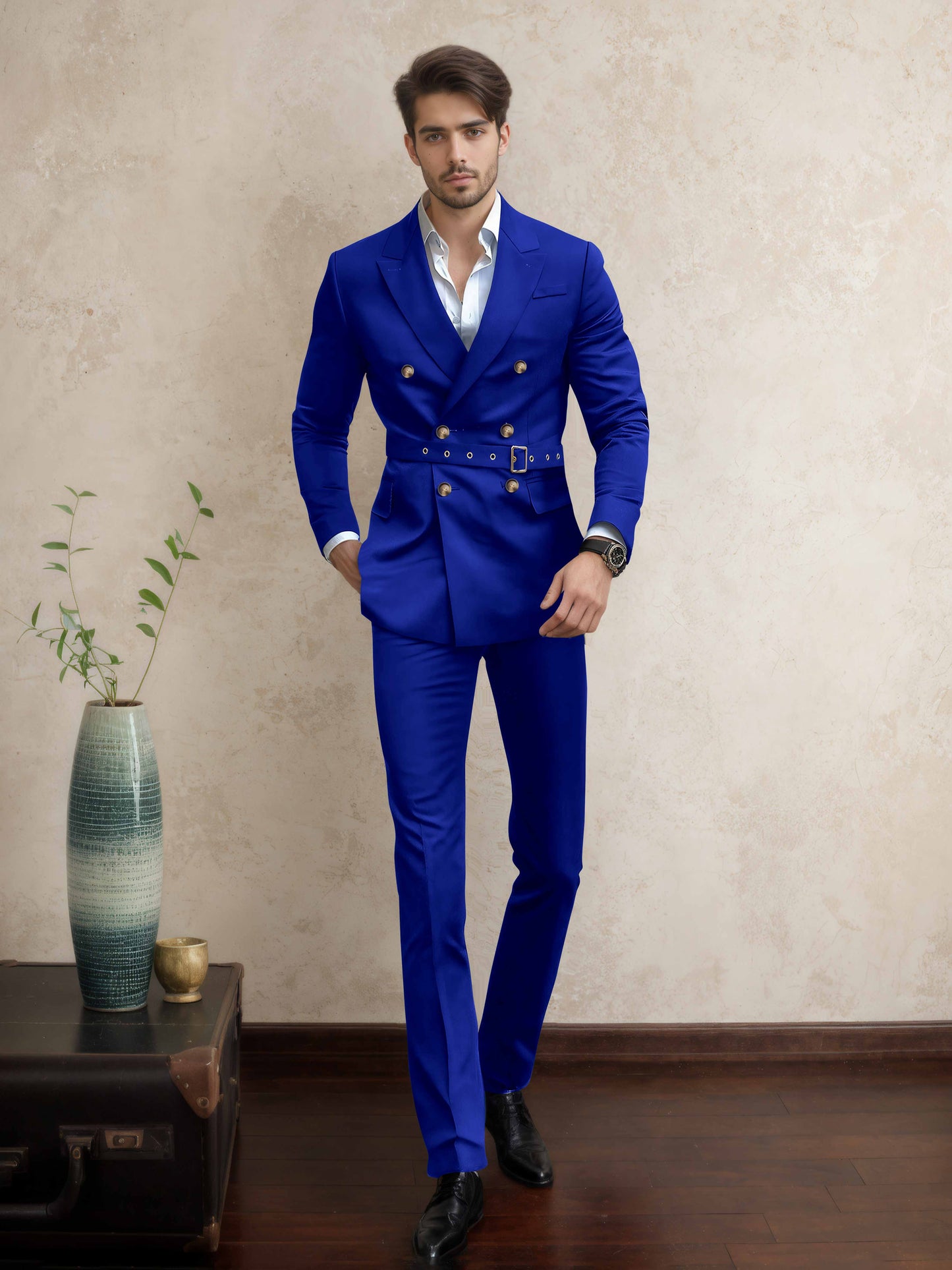 Comfort Belted Peak Lapel Men's 2 Pieces Double Breasted Business Suits