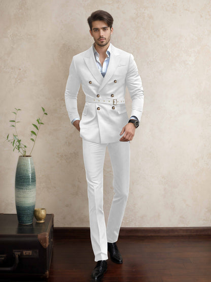 Comfort Belted Peak Lapel Men's 2 Pieces Double Breasted Business Suits
