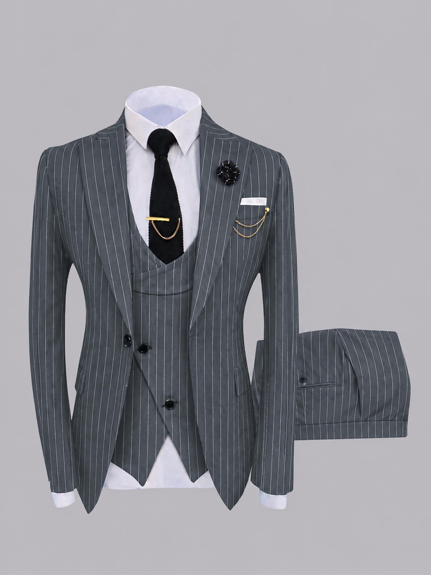 Edgy Men's 3 Pieces Peak Lapel Pinstripe Formal Suits For Weddingf & Prom