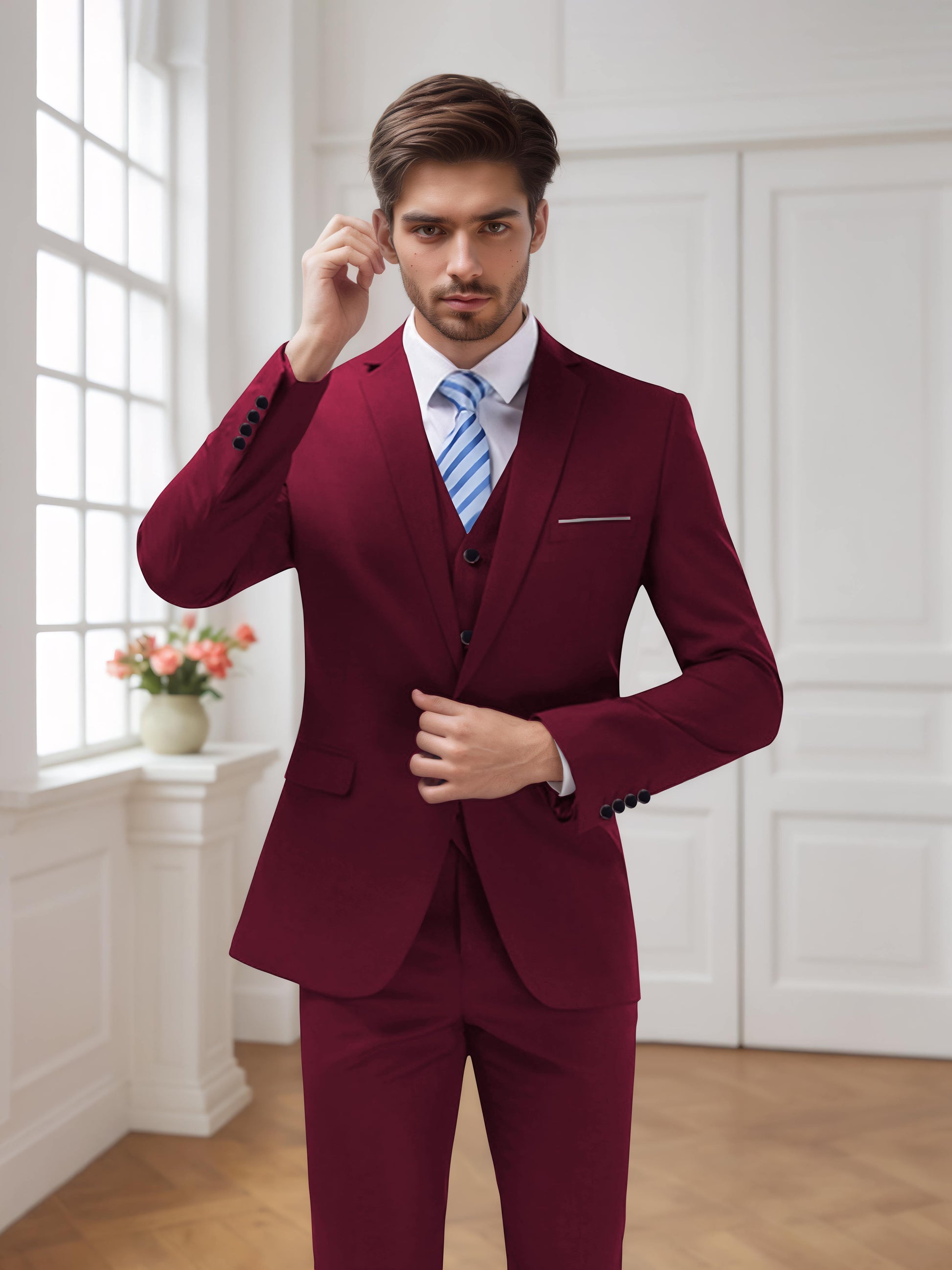 Elegant 3 Pieces Men's Wedding Suit Modern One Button Fit, Burgundy Elegant 3 Pieces Men's Wedding Suit Modern One Button Fit, Burgundy