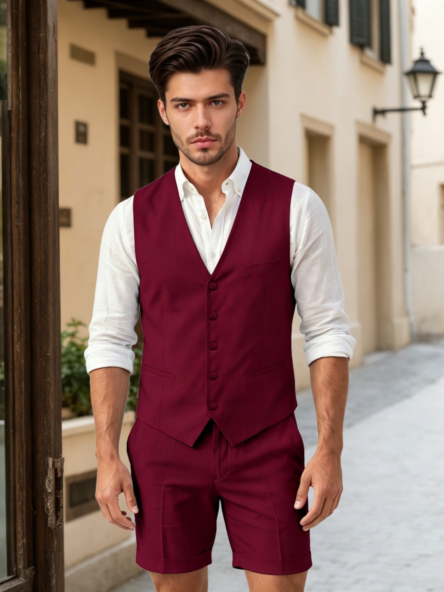 Gossamer Slim Fit Men's Casual Vest & Shorts Set For Summer Wedding
