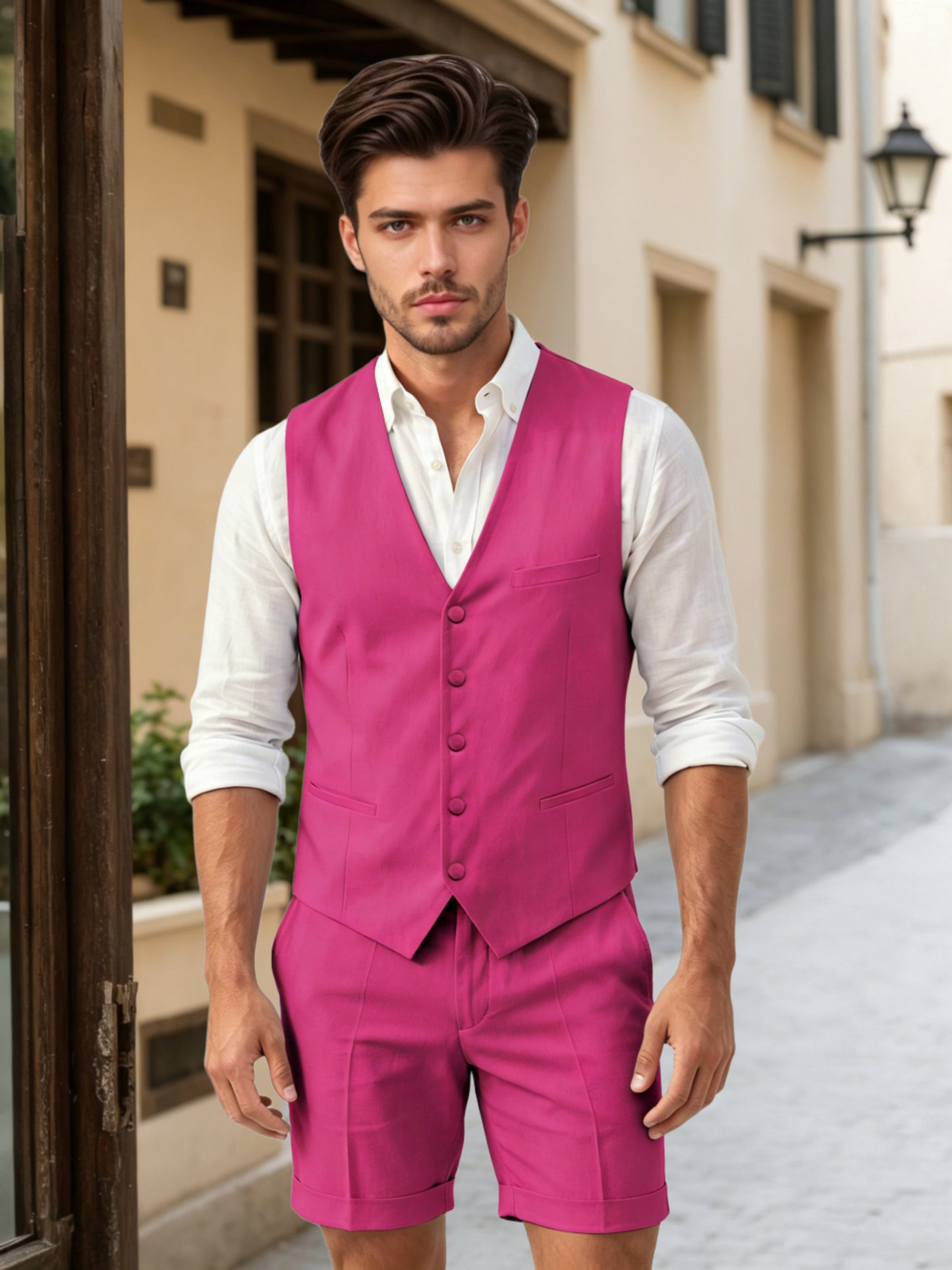 Gossamer Slim Fit Men's Casual Vest & Shorts Set For Summer Wedding