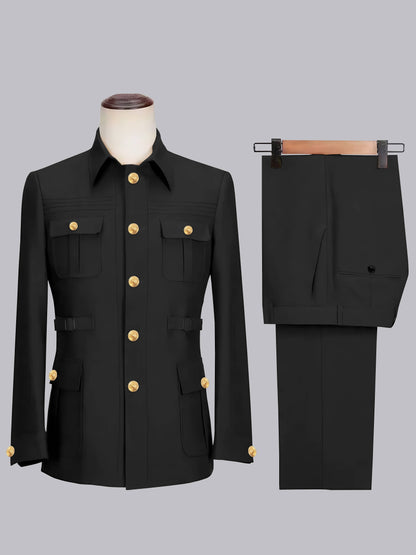 Relaxed Belted Safari Style Men's 2 Pieces Single Breasted Casual Suits
