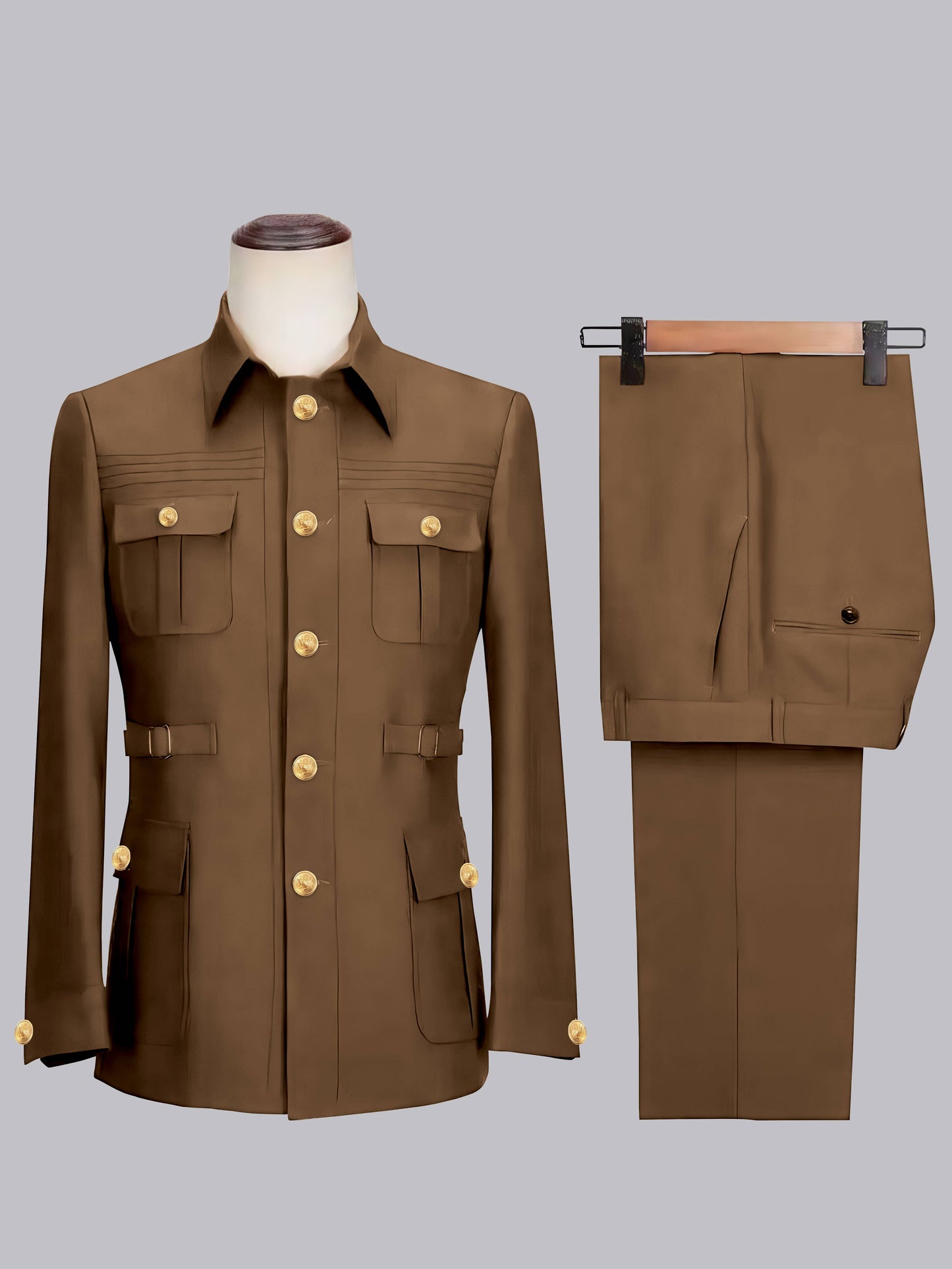 Relaxed Belted Safari Style Men's 2 Pieces Single Breasted Casual Suits