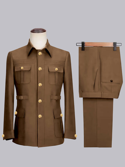 Relaxed Belted Safari Style Men's 2 Pieces Single Breasted Casual Suits