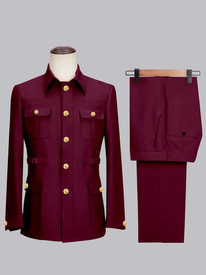 Relaxed Belted Safari Style Men's 2 Pieces Single Breasted Casual Suits