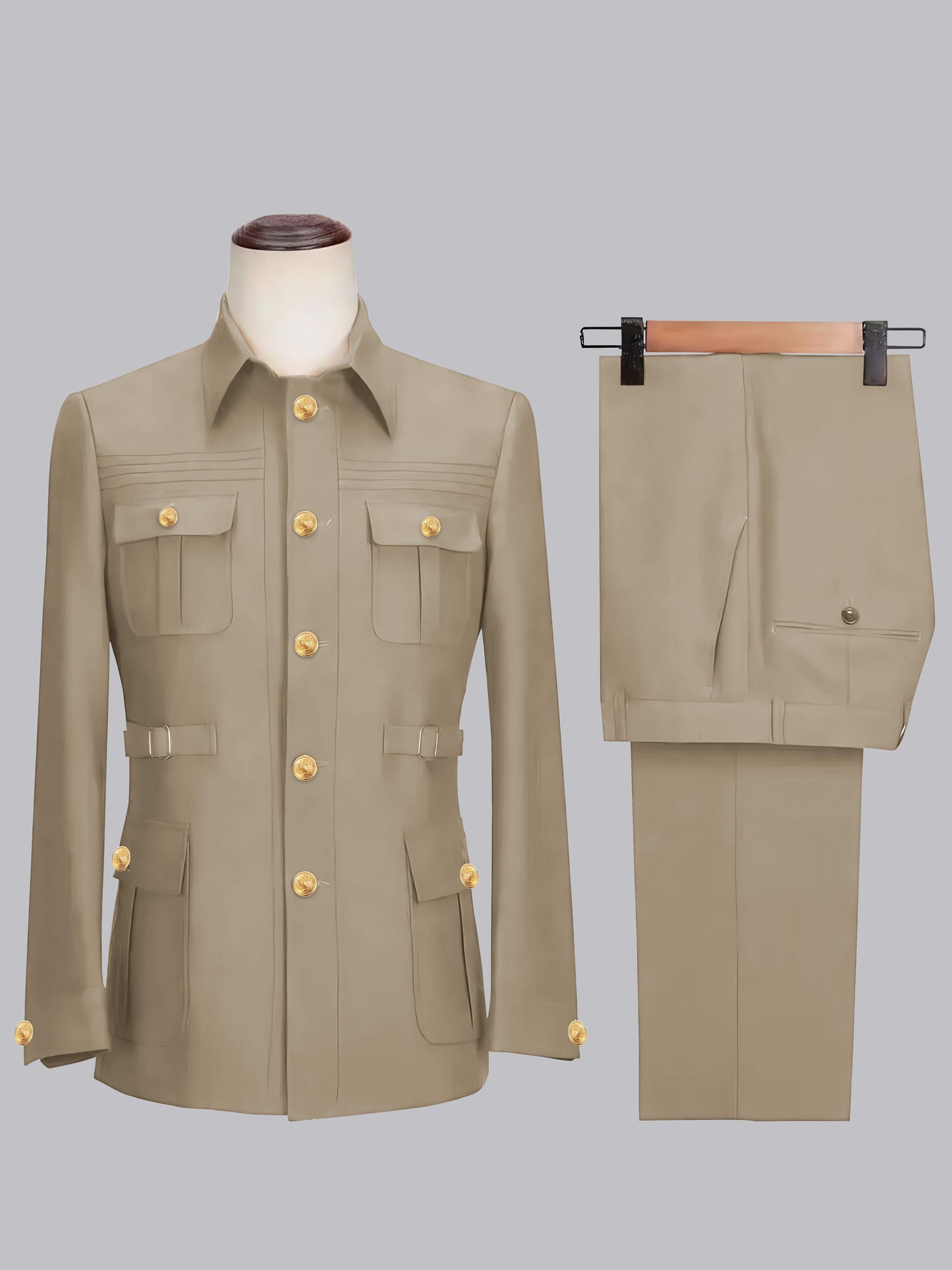 Relaxed Belted Safari Style Men's 2 Pieces Single Breasted Casual Suits