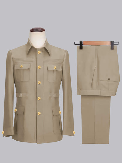 Relaxed Belted Safari Style Men's 2 Pieces Single Breasted Casual Suits