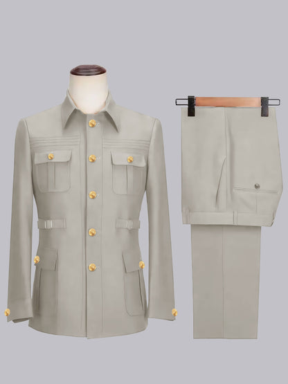 Relaxed Belted Safari Style Men's 2 Pieces Single Breasted Casual Suits