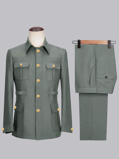 Relaxed Belted Safari Style Men's 2 Pieces Single Breasted Casual Suits