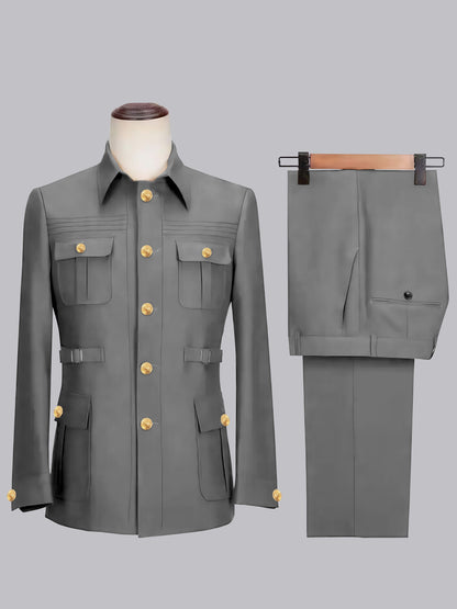 Relaxed Belted Safari Style Men's 2 Pieces Single Breasted Casual Suits
