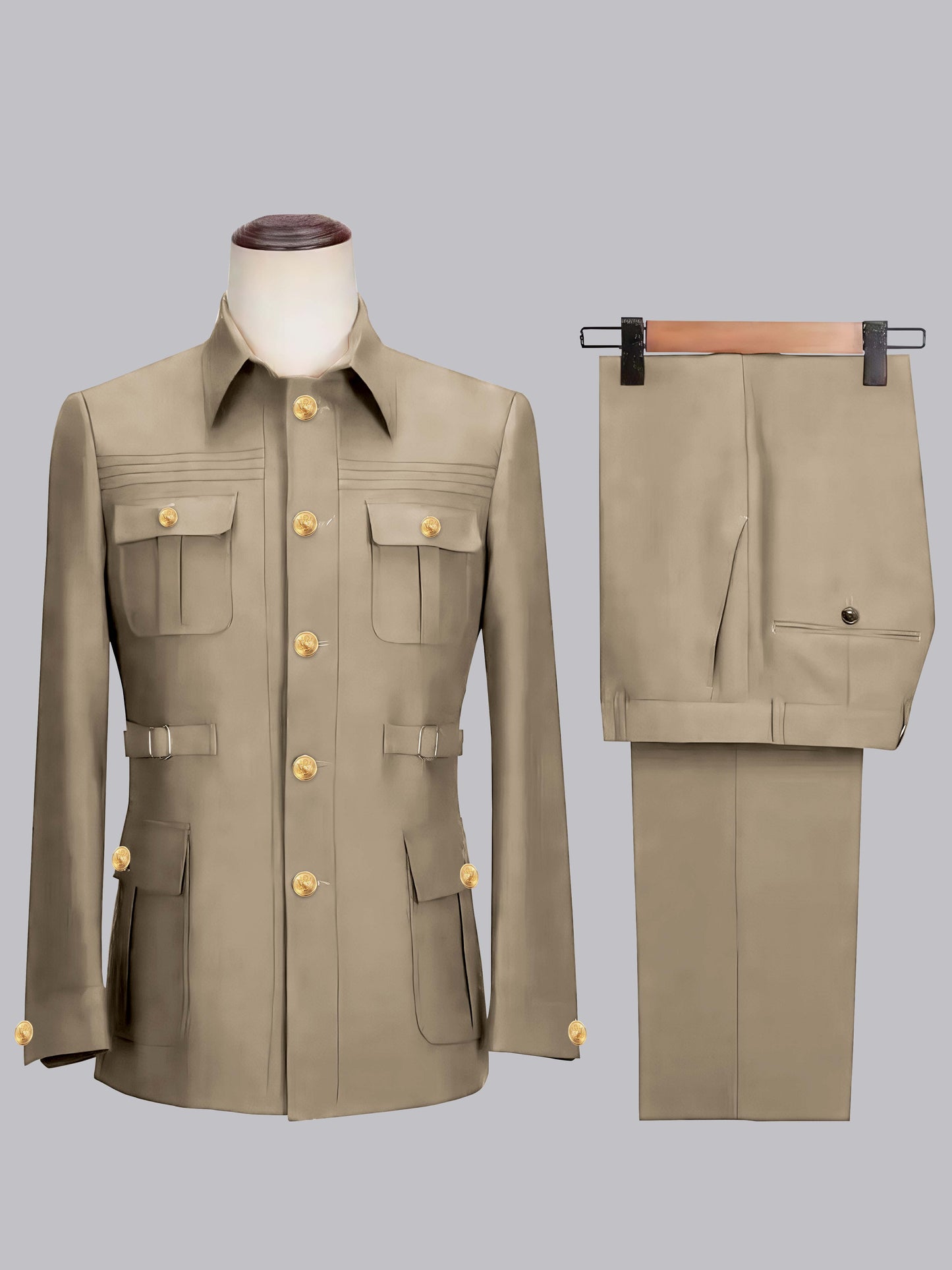 Relaxed Belted Safari Style Men's 2 Pieces Single Breasted Casual Suits