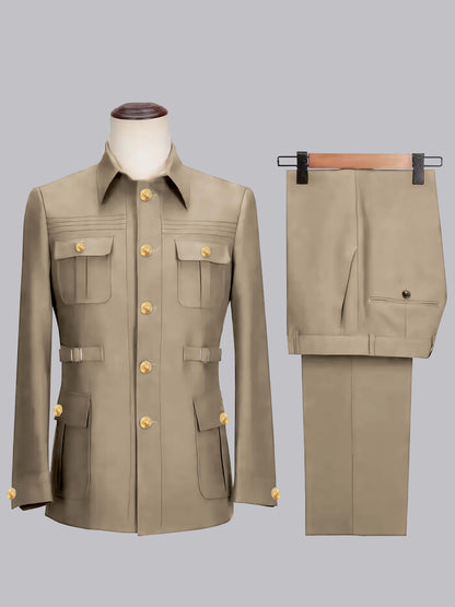 Relaxed Belted Safari Style Men's 2 Pieces Single Breasted Casual Suits
