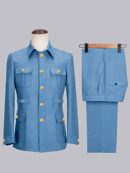 Relaxed Belted Safari Style Men's 2 Pieces Single Breasted Casual Suits