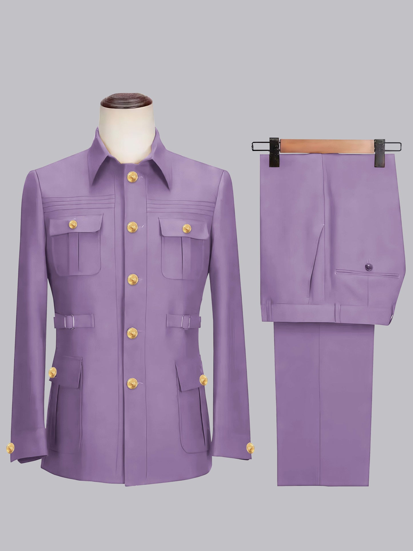 Relaxed Belted Safari Style Men's 2 Pieces Single Breasted Casual Suits