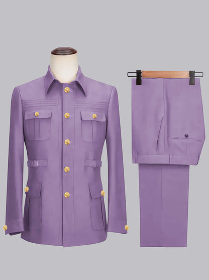 Relaxed Belted Safari Style Men's 2 Pieces Single Breasted Casual Suits