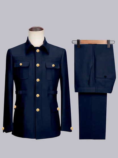 Relaxed Belted Safari Style Men's 2 Pieces Single Breasted Casual Suits