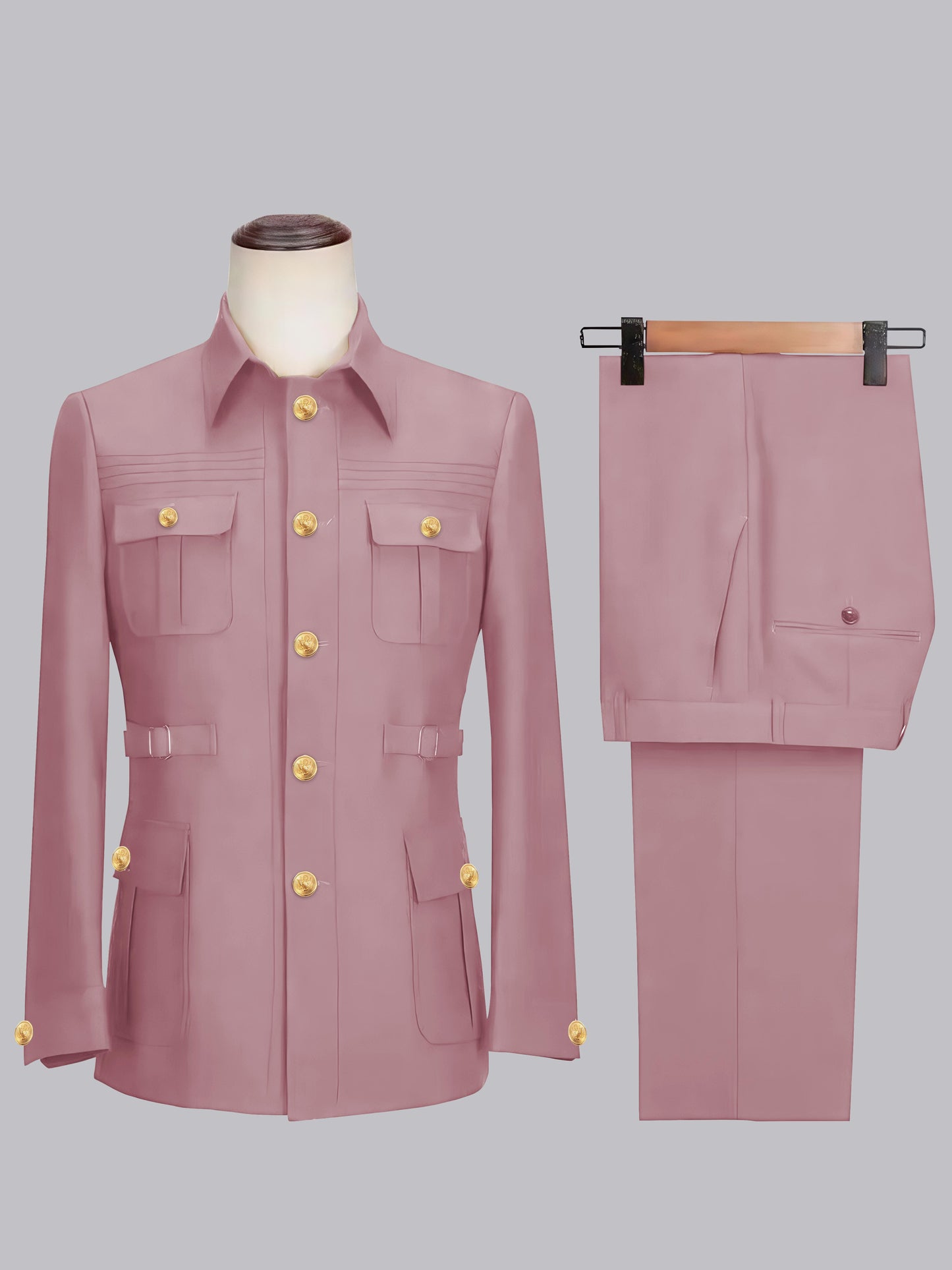 Relaxed Belted Safari Style Men's 2 Pieces Single Breasted Casual Suits