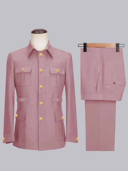 Relaxed Belted Safari Style Men's 2 Pieces Single Breasted Casual Suits