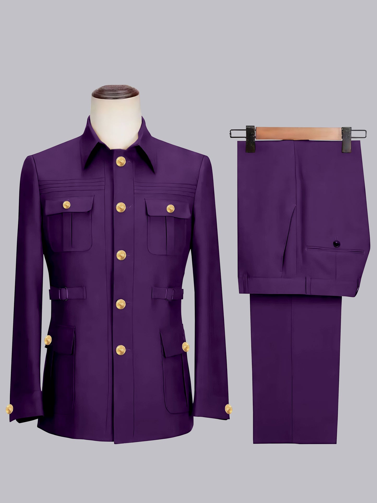 Relaxed Belted Safari Style Men's 2 Pieces Single Breasted Casual Suits