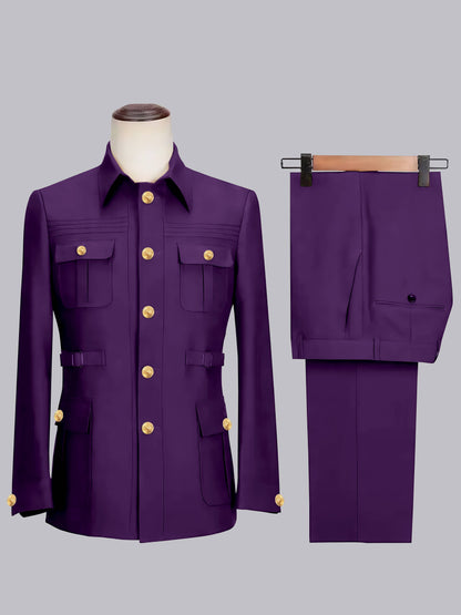 Relaxed Belted Safari Style Men's 2 Pieces Single Breasted Casual Suits