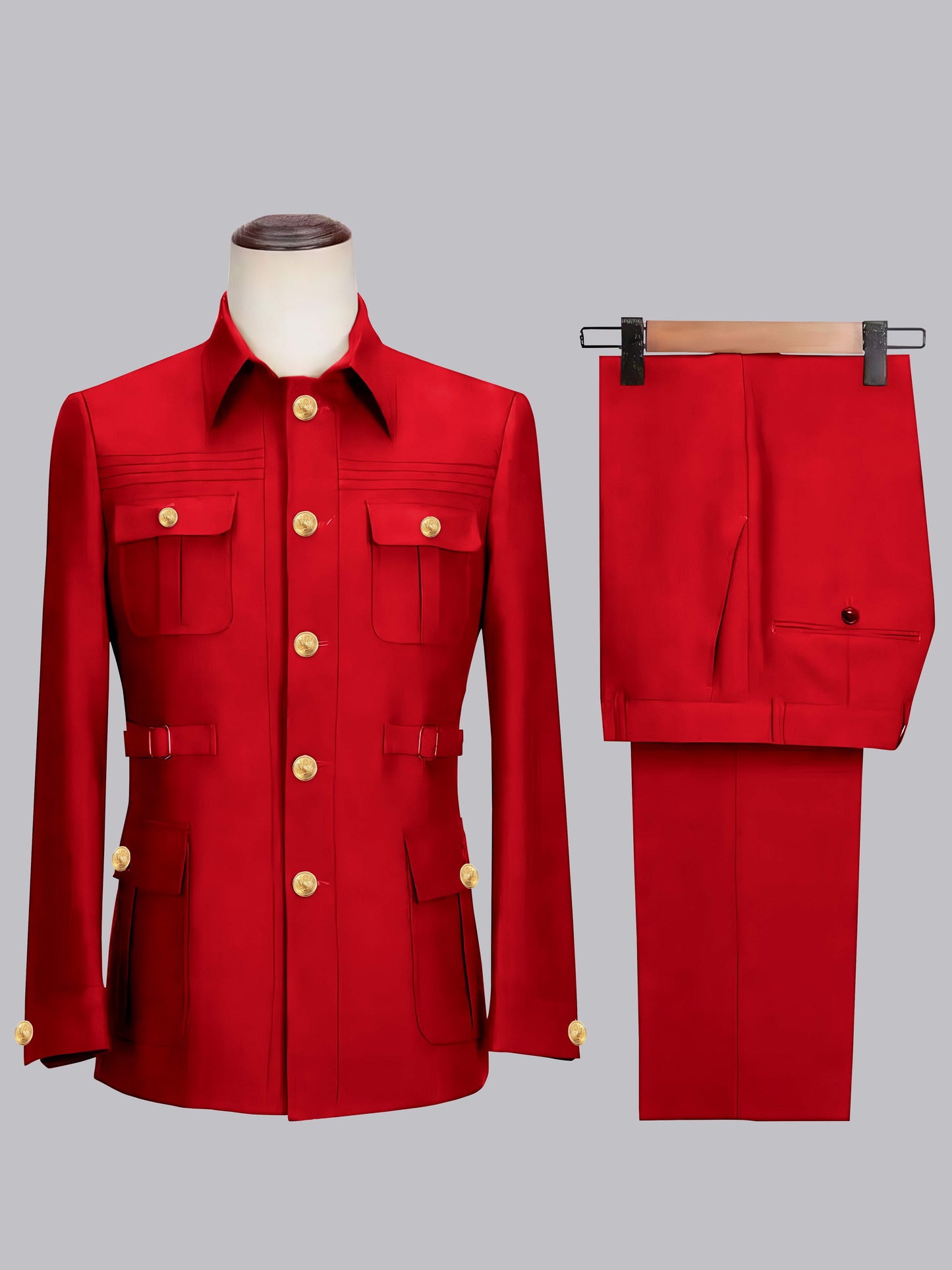 Relaxed Belted Safari Style Men's 2 Pieces Single Breasted Casual Suits