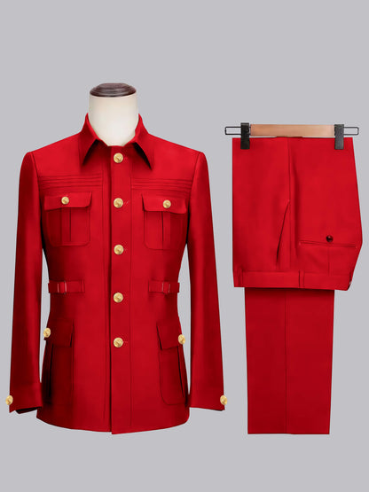 Relaxed Belted Safari Style Men's 2 Pieces Single Breasted Casual Suits
