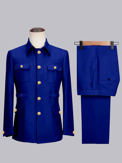 Relaxed Belted Safari Style Men's 2 Pieces Single Breasted Casual Suits