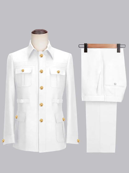 Relaxed Belted Safari Style Men's 2 Pieces Single Breasted Casual Suits