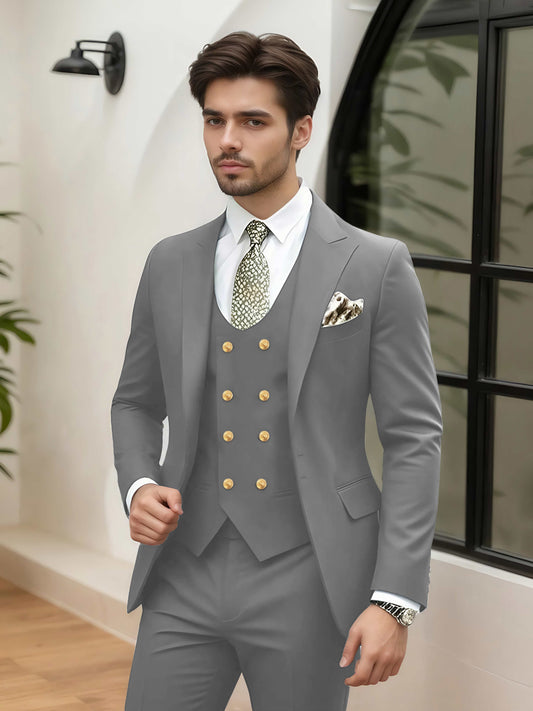 Sharp 3 Pieces Men's Business Suit Tailored Fit One Button Peak Lapel Solid