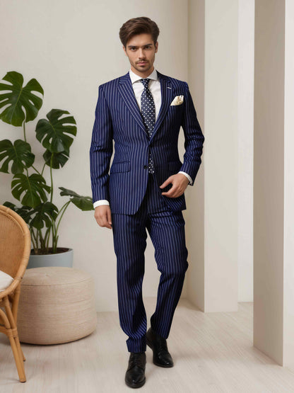 Striped Notch Lapel Men's 2 Pieces Suit For Business & Formal Occasions