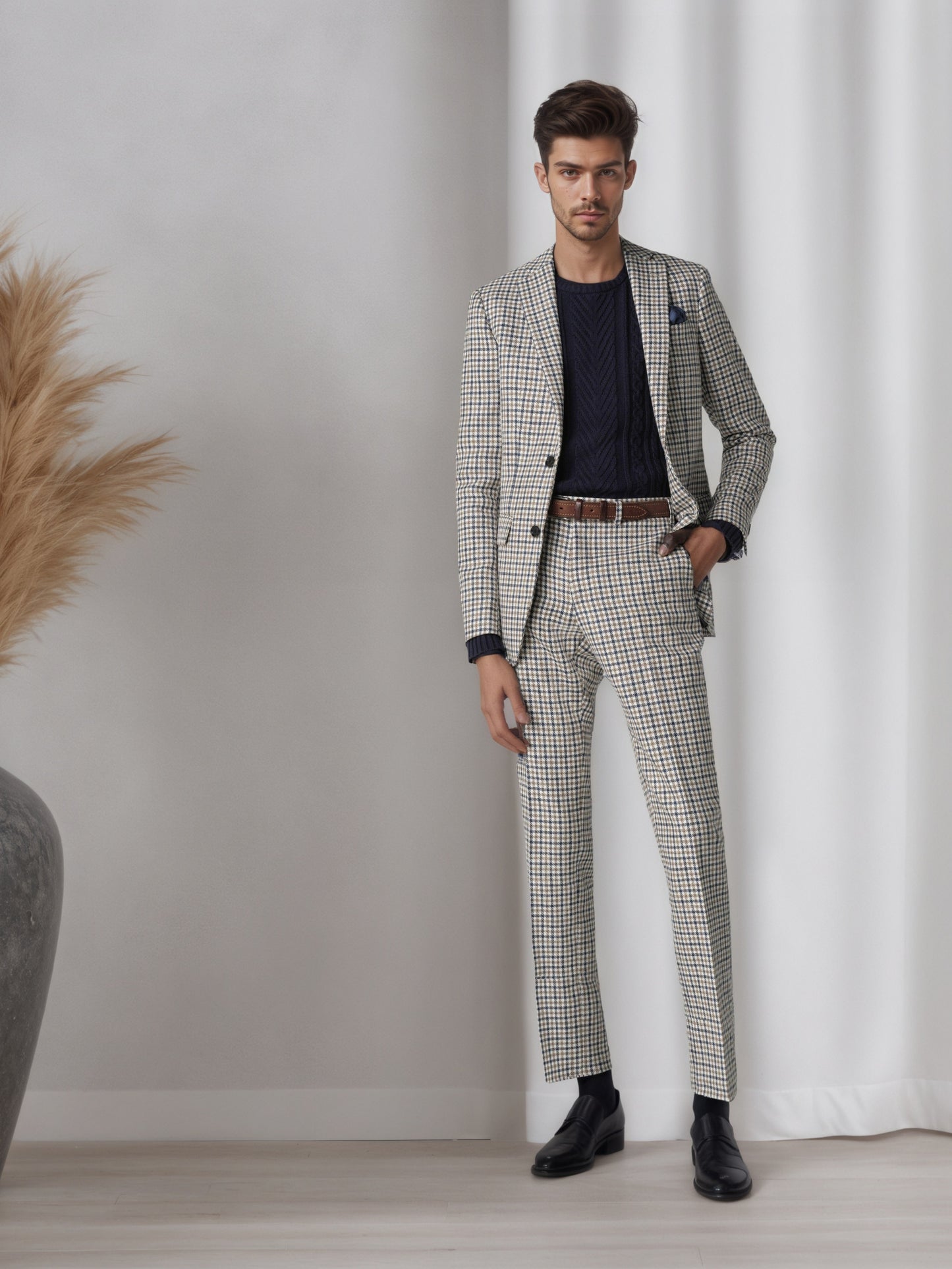 Stylish Notch Lapel Two Button Check Navy Men's 2 Pieces Suit